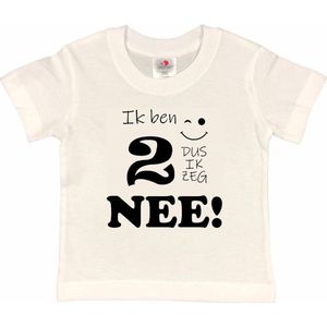 T-shirt Kinderen ""Ik ben 2 dus ik zeg NEE!"" | korte mouw | wit/zwart | maat 98/104