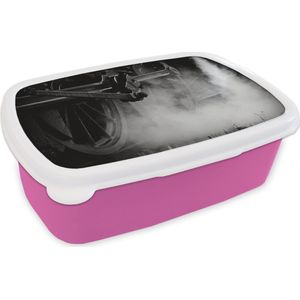Broodtrommel Roze - Lunchbox - Brooddoos - De wielen van een stoomlocomotief in zwart-wit - 18x12x6 cm - Kinderen - Meisje