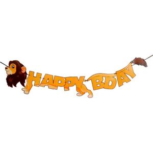 Slinger ""Happy Birthday"" Leeuw - Oranje / Bruin - Karton - 500 cm - Feestdecoratie - Dierenfeest - Dieren - Slinger - Vlaggenlijn - Party