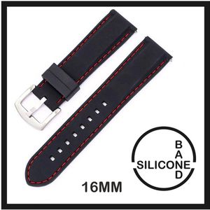 16mm Rubber Siliconen horlogeband Zwart met Rode stiksels passend op o.a Casio Seiko Citizen en alle andere merken - 16 mm Bandje - Horlogebandje horlogeband