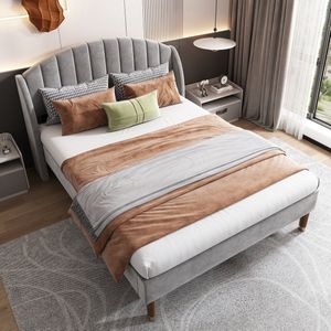 Sweiko Gestoffeerd bed 140*200 met lattenbod en hoofdeinde, jeugdbed, voor volwassenen Gemakkelijke montage, fluweel, grijs