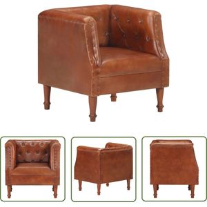 The Living Store Fauteuil echt leer bruin - Retro Fauteuil - Leer Fauteuil - Mangohout Fauteuil - Lounge Stoel - Vintage Meubilair