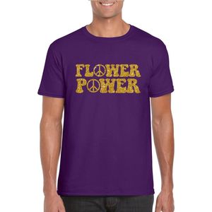 Paars Flower Power t-shirt peace tekens met gouden letters heren - Sixties jaren 60 kleding