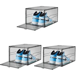 TRANKIELO® - Transparante Stapelbare Schoenendozen met Magneetdeur, Set van 3, Sneakerbox voor Dames en Heren