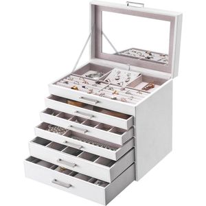 Soof & Tess sieradendoos grote sieradendoos 6 niveaus met 5 lades spiegel wit -30,5 x 31,5 x 21,5 cm