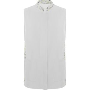 Wit met botanisch detail damesschort met blinde drukknopen, zakken en mao kraag ,model Aldany maat XL