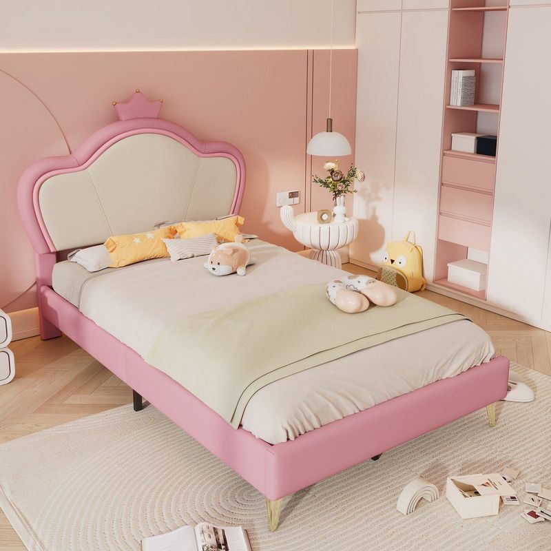 Sweiko Gestoffeerd bed, kinderbed, Roze meisjes prinsessenbed met zachte beschermranden, hoofdbord met kroon, metalen bedpoten, elegant gestoffeerd hoofdbordprofiel, eenpersoonsbed, PU, roze+wit, 90x200cm