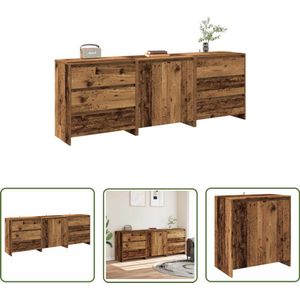 The Living Store 3-delige Dressoirs bewerkt hout oud houtkleurig - Opbergkast - Houten Kast - Keukenkast - Dressoir - Vintage Stijl