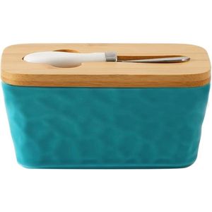 Keramisch Botervlootje Gehamerde Textuur Porseleinen Botervoorraad & Botermes 600ML Groen-Bamboe Deksel butter dish with lid