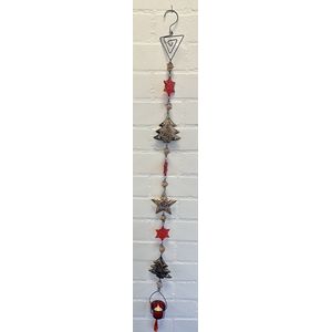 Deco theelichthouder ""Kerst"" met metalen ketting - Kerstster & Kerstboom - Zwarte ketting - koperkleurig + rood - lengte 105 cm - exclusief theelicht - Woondecoratie - Theelichthouder - Feestversiering - Kerst