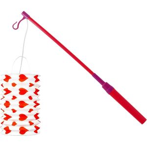 Trek lampion langwerpig - rood - H28 cm - papier - met lampionstokje - 40 cm
