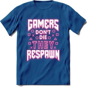 Gamers don't die T-shirt | Neon Roze | Gaming kleding | Grappig game verjaardag cadeau shirt Heren – Dames – Unisex | - Donker Blauw - XL