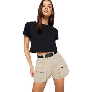 Trendyol Beige Cargo Pocket Belted High Waist Mini Denim Shorts Twoss23Sr00245