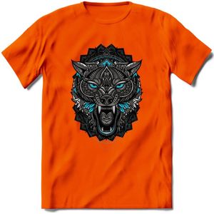 Wolf - Dieren Mandala T-Shirt | Lichtblauw | Grappig Verjaardag Zentangle Dierenkop Cadeau Shirt | Dames - Heren - Unisex | Wildlife Tshirt Kleding Kado | - Oranje - 3XL