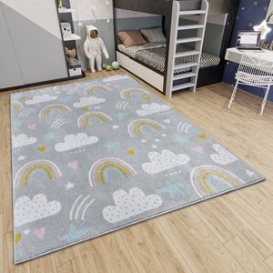 Flycarpets Adventures Grijs / Kleurrijk Kindervloerkleed Wolken - Vloerkleed Kinderkamer / Babykamer - Speeltapijt / Speelkleed - 160x235 cm