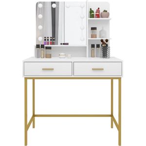 Kaptafel met spiegel & verlichting - moderne toilettafel - ruime make-up tafel - stijlvol wit hout - 90x45x137 cm
