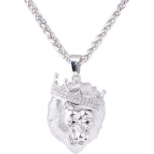 King Lion Ketting Heren met Zilver kleurig met Diamantjes (Zirkonia) - Leeuwenkoning - Kettingen - Cadeau voor Man - Mannen Cadeautjes
