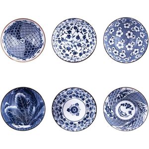 Keramische mueslikommen - Japanse designs - blauw en wit - 6 personen - muesli/soep - 6-delige set .