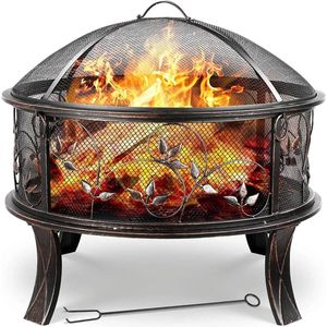 Vuurkorf - Vuurschaal - BBQ Grill - Schaal - met Vonkenscherm – Ø71 cm - Retro Vuurbak met Pook en Houtskoolrooster - Stabiele Buitenhaard voor Verwarming en BBQ Bonfeu - Zwart