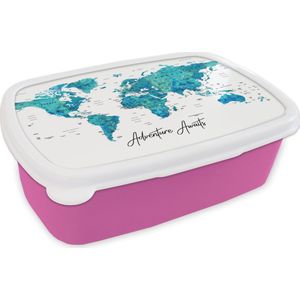 Broodtrommel Roze - Lunchbox Wereldkaart - Blauw - Kleurrijk - Brooddoos 18x12x6 cm - Brood lunch box - Broodtrommels voor kinderen en volwassenen