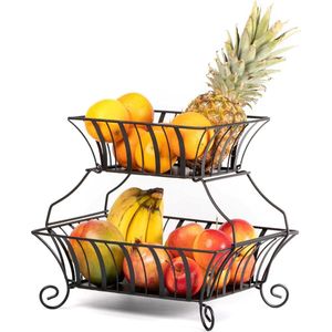 Extra grote Fruitetagère voor groenten en fruit - Twee verdiepingen fruitschaal van metaal - Zwarte fruitmand - Fruitschalen etagère - 385 x 327 x 355 cm friut basket