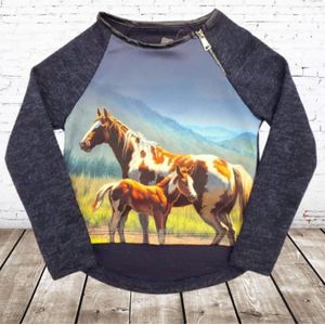 Blauwe trui met paardenprint -s&C-98/104-Trui meisjes