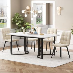 Sweiko Eettafel set (5-delige set), Eettafel set met 4-stoelen, Moderne keuken eettafel set, 140 x 80cm Zwart metalen poot keuken eettafel, Wit MDF tafelblad, Beige fluwelen eetkamerstoelen