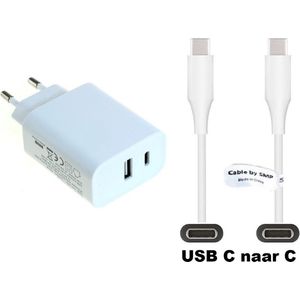OneOne snellader met 2 poorten + 1,8m extra sterke USB C naar C kabel. 20W PD lader. Oplader past op Samsung Galaxy Note 10, 10+, 10 Lite, 20, 20 Ultra, Galaxy A06, A16, A26, A35, A36, A55, A56, Galaxy Z Flip, Z Flip 3