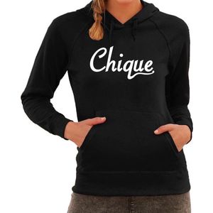 Chique tekst hoodie zwart voor dames - zwarte chique sweater/trui met capuchon 45/48