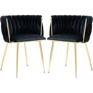 Merax Fluwelen Eetkamerstoelen Set van 2 - Velvet Stoelen - Zwart met Goud