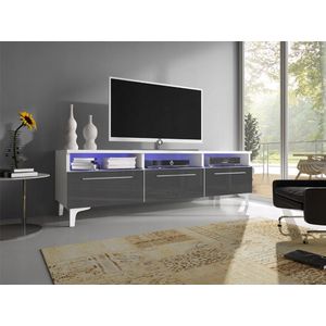 RTV 2W - TV-meubel + LED, woonkamermeubel, wit/grijs glans, op poten met planken, breedte 150 cm - Maxi Maja