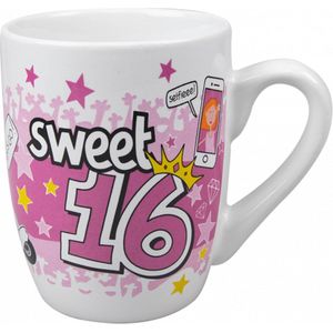 Mok - Cartoon Mok - Sweet 16 -Met zijden lint met de tekst: ""Speciaal voor jou"" In cadeauverpakking met gekleurd lint