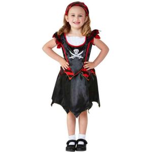 Smiffy's - Piraat & Viking Kostuum - Kleine Piraat Zoekt De Schatkist - Meisje - Rood, Zwart - Maat 116 - Carnavalskleding - Verkleedkleding