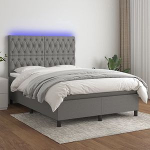 The Living Store Boxspring Bed - donkergrijs - 140 x 200 cm - met verstelbaar hoofdbord en LED
