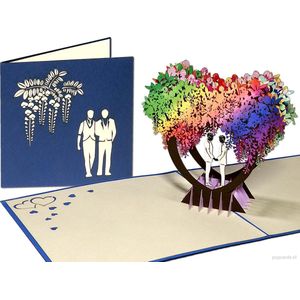 Popcards popupkaarten – Trouwkaart 2 mannen onder prachtige regenboog bloemenboog in hartvorm – Homoseksueel bruidspaar – Homo gay huwelijkskaart Homohuwelijk Geregistreerd partnerschap Samenwonen