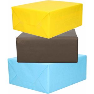 3x Rollen kraft inpakpapier geel/zwart/lichtblauw 200 x 70 cm - cadeaupapier / kadopapier / boeken kaften