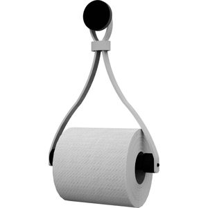 Leren toiletrolhouder 'Triangle' - met Zuignap én schroef - Handles and more® | LICHTGRIJS - roldrager: Zwart rondhout - knop: Zwart