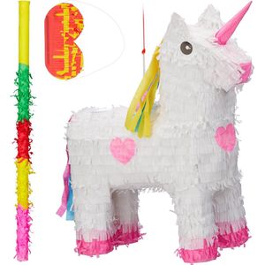 Relaxdays 3-delige pinata set eenhoorn - pinatastok - blinddoek - volledige set - unicorn