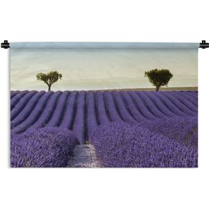 Wandkleed De lavendel - Rollende heuvels met bomen op lavendelveld Wandkleed katoen 150x100 cm - Wandtapijt met foto