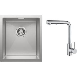 CECIPA max - Spoelbakken Keuken 40x44cm - Spoelbak Keuken Met Keukenkraan Met Uittrekbare Uitloop - Enkele spoelbak van roestvrij staal - Spoelbakken met Afdruip - Zilver