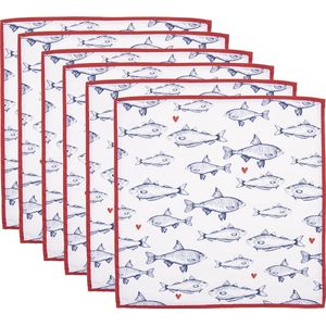 HAES DECO - Set van 6 Servetten (Textiel) - formaat 40x40 cm - kleuren Wit / Blauw / Rood - van 100% Katoen - Collectie: Sun Sea & Fish