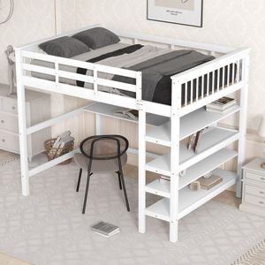 Merax Tweepersoonsbed Hoogslaper 140x200 cm - Bed met Bureau en Opbergruimte - Wit
