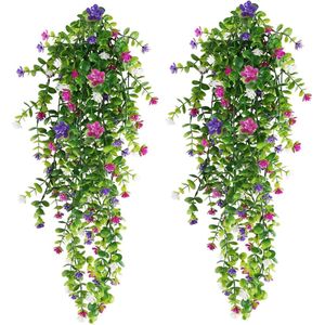 Pakket van 2 kunstmatige hangende bloemdecoraties, hangende kunstmatige viooltjes, kunstmatige hangende planten voor aan de muur in huis, binnen- en buitentuin, bruiloft, balkon, manddecoratie.