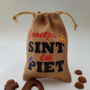 Sinterklaas jute pepernoten zakje met de tekst ""Groetjes Sint en Piet"" - pepernotenzakje, sint, sinterklaasfeest, cadeautje