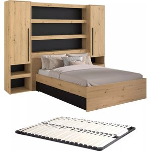 Vente-unique Bed met bedbrug 140 x 190/200 cm met opbergruimte - Met ledverlichting - Kleur: naturel en zwart + bedbodem - VARLY L 269.7 cm x H 202.8 cm x D 204 cm