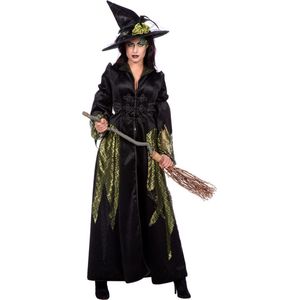Wilbers & Wilbers - Heks & Spider Lady & Voodoo & Duistere Religie Kostuum - Luxuria Luxe Heks Van De Lage Landen - Vrouw - Groen, Zwart - Maat 38 - Halloween - Verkleedkleding