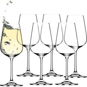 Witte wijnglazen van kristal glas, set van 6, 360 ml, wijnglazen met lange steel, elegante en eenvoudige witte wijnbekers voor thuis, feest, hoogwaardige kwaliteit
