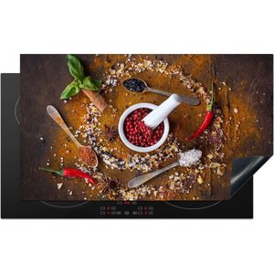 KitchenYeah® Inductie beschermer 95x55 cm - Vijzel - Kruiden - Lepels - Specerijen - Bruin - Peper - Kookplaataccessoires - Afdekplaat voor kookplaat - Inductiebeschermer - Inductiemat - Inductieplaat mat