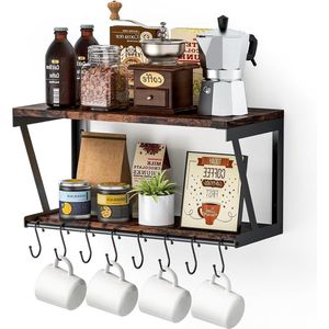 Planken Wandmontage Koffiemok Houder met 8 Haken - Rustieke Boerderij Houten Drijvende Planken - Koffie Station Organizer