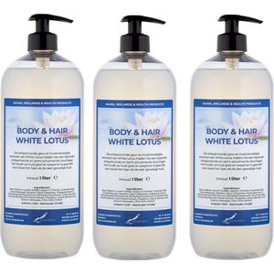 Body & Hair White Lotus 1 liter - set van 3 stuks - met gratis pomp - 2 in 1 voor lichaam en haar.